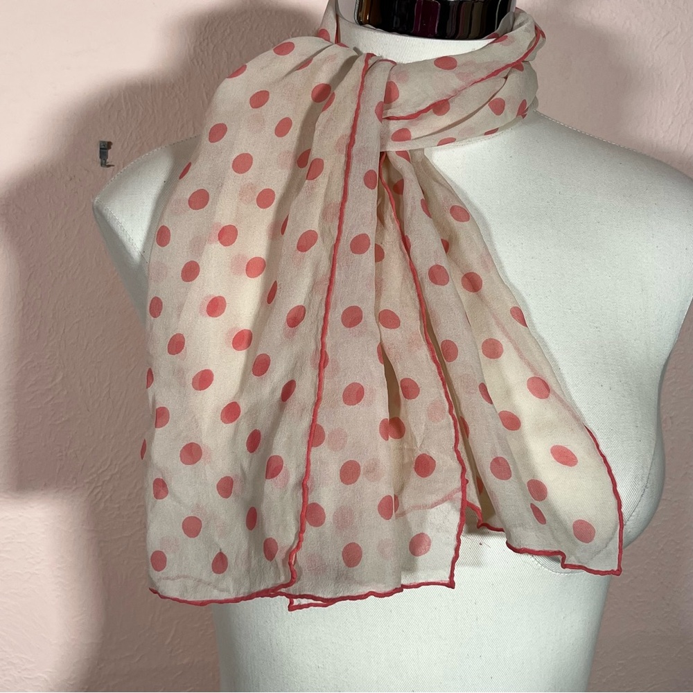 Vintage 1940 50’s Retro Semi sheer Art deco polka dot Pink bow neck Scarf